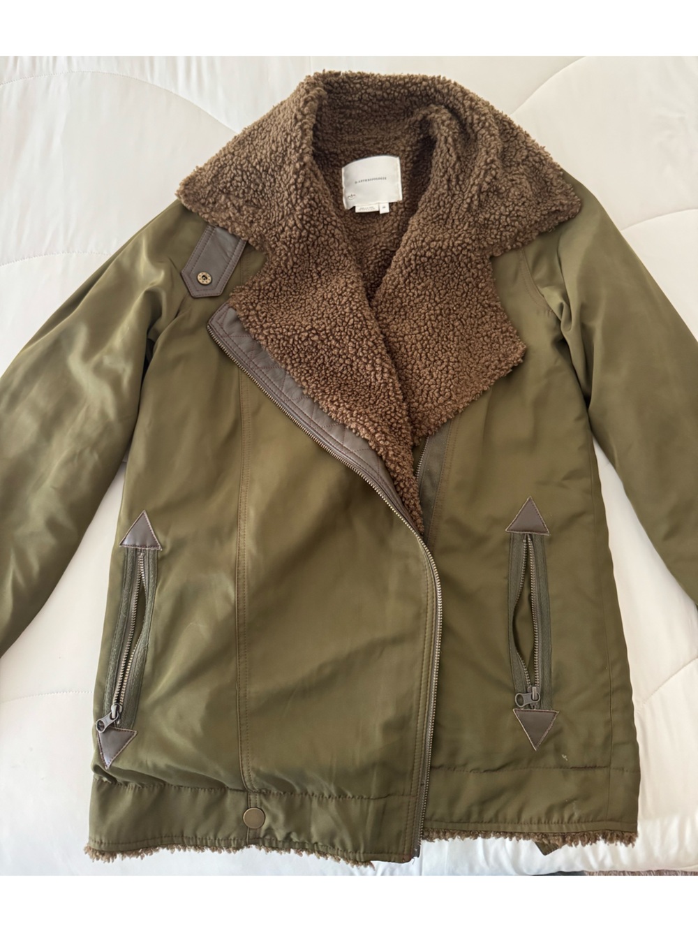 Anthropologie Olive Green Sherpa Collar Moto Jacket XS